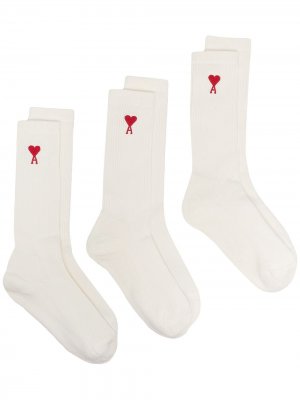 Комплект из трех пар носков с вышивкой AMI Paris. Цвет: нейтральные цвета