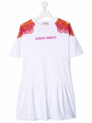 Платье-футболка с кружевом Alberta Ferretti Kids. Цвет: белый