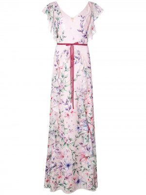 Длинное платье с цветочным принтом Marchesa Notte. Цвет: розовый