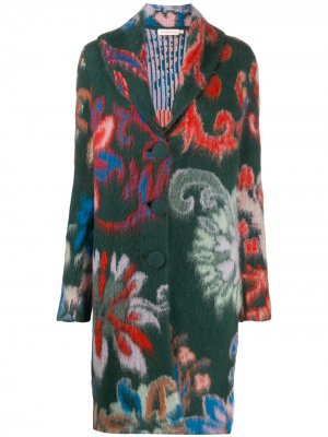 Однобортное пальто с цветочным принтом Tory Burch. Цвет: зеленый