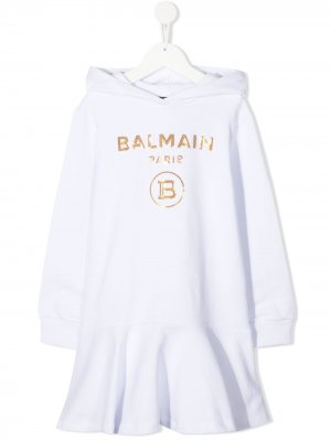 Платье с логотипом Balmain Kids. Цвет: белый