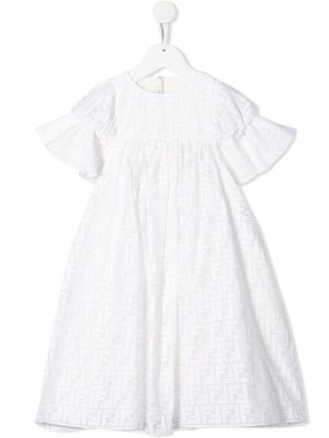 Расклешенное платье с логотипом FF Fendi Kids. Цвет: белый