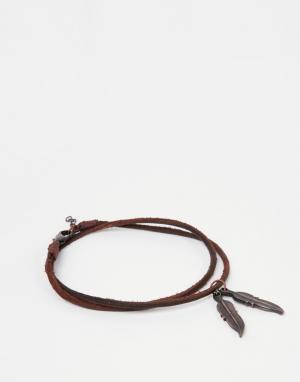 Коричневый кожаный браслет на ногу с перьями ASOS. Цвет: коричневый
