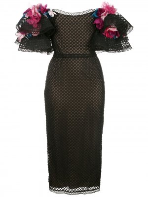 Платье с пышными рукавами и цветочной аппликацией Marchesa. Цвет: черный
