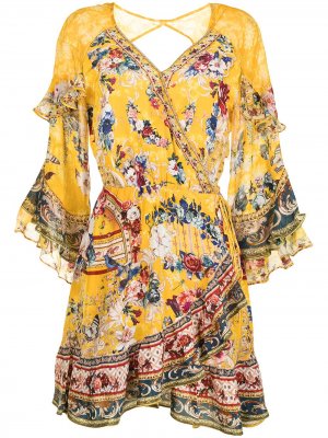 Платье-трапеция с оборками и цветочным принтом Camilla. Цвет: желтый