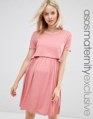 Двухслойное приталенное платье для беременных ASOS Maternity. Цвет: розовый