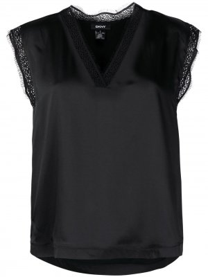 Блузка с V-образным вырезом и кружевом DKNY. Цвет: черный