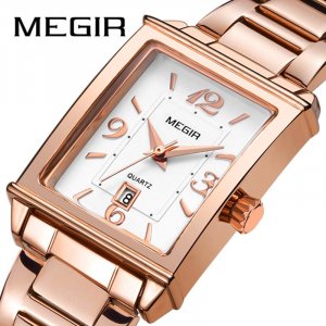 Женские часы MEGIR, легкие винтажные модные квадратные часы, кварцевые с импортным механизмом и календарем, стальной ремешок 1079 Megir