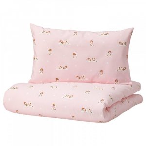 ИКЕА ДРЕМСЛОТТ Детская кроватка, пододеяльник, 1 подушка, рисунок щенка розовый 110x125 35x55 см IKEA