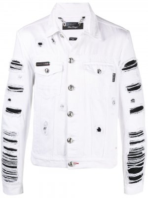 Джинсовая куртка с эффектом потертости Philipp Plein. Цвет: белый