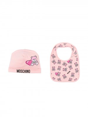 Комплект из шапки бини и нагрудника с логотипом Moschino Kids. Цвет: розовый