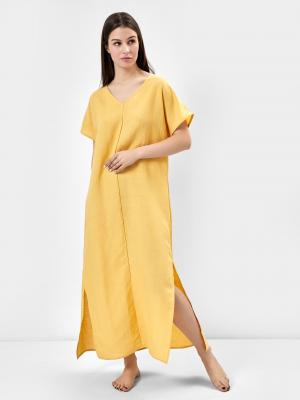 Платье женское домашнее макси из премиального льна и вискозы в желтом цвете Mark Formelle. Цвет: желтый