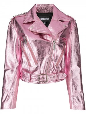 Укороченная байкерская куртка с эффектом металлик Just Cavalli. Цвет: розовый