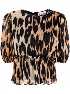 Блузка с объемными рукавами и леопардовым принтом GANNI. Цвет: нейтральные цвета