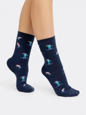 Высокие женские махровые носки темно-синего цвета с рисунками Mark Formelle. Цвет: т.синий