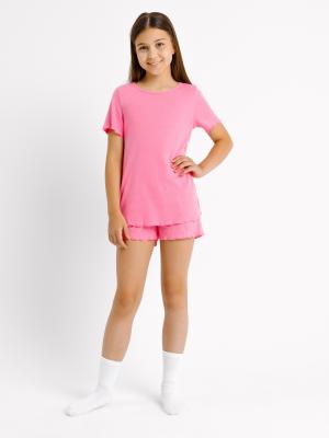 Пижама для девочек (футболка, шорты) в розовом цвете с текстовой перфорацией Mark Formelle. Цвет: перфорация на розовом1