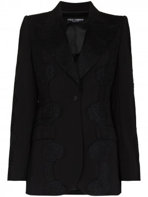 Однобортный блейзер с кружевными вставками Dolce & Gabbana. Цвет: черный