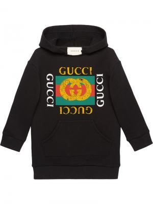 Платье с капюшоном и логотипом Gucci Kids. Цвет: черный