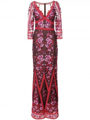 Вечернее облегающее платье из сетки с цветочной вышивкой Marchesa Notte. Цвет: красный