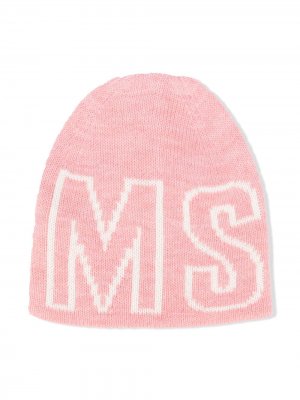 Шапка бини вязки интарсия с логотипом Msgm Kids. Цвет: розовый