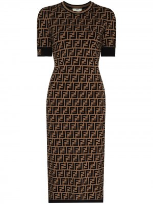 Трикотажное платье миди с логотипом FF Fendi. Цвет: коричневый