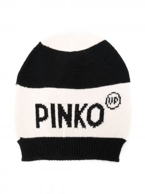 Полосатая шапка бини с вышитым логотипом Pinko Kids. Цвет: белый
